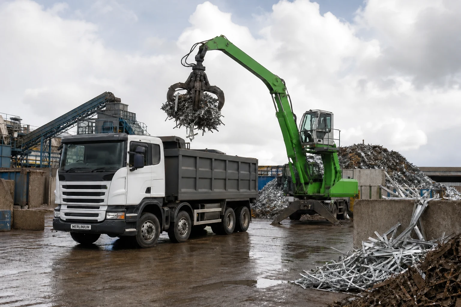 A working materials recycling yard with a Merlinium-branded vehicle