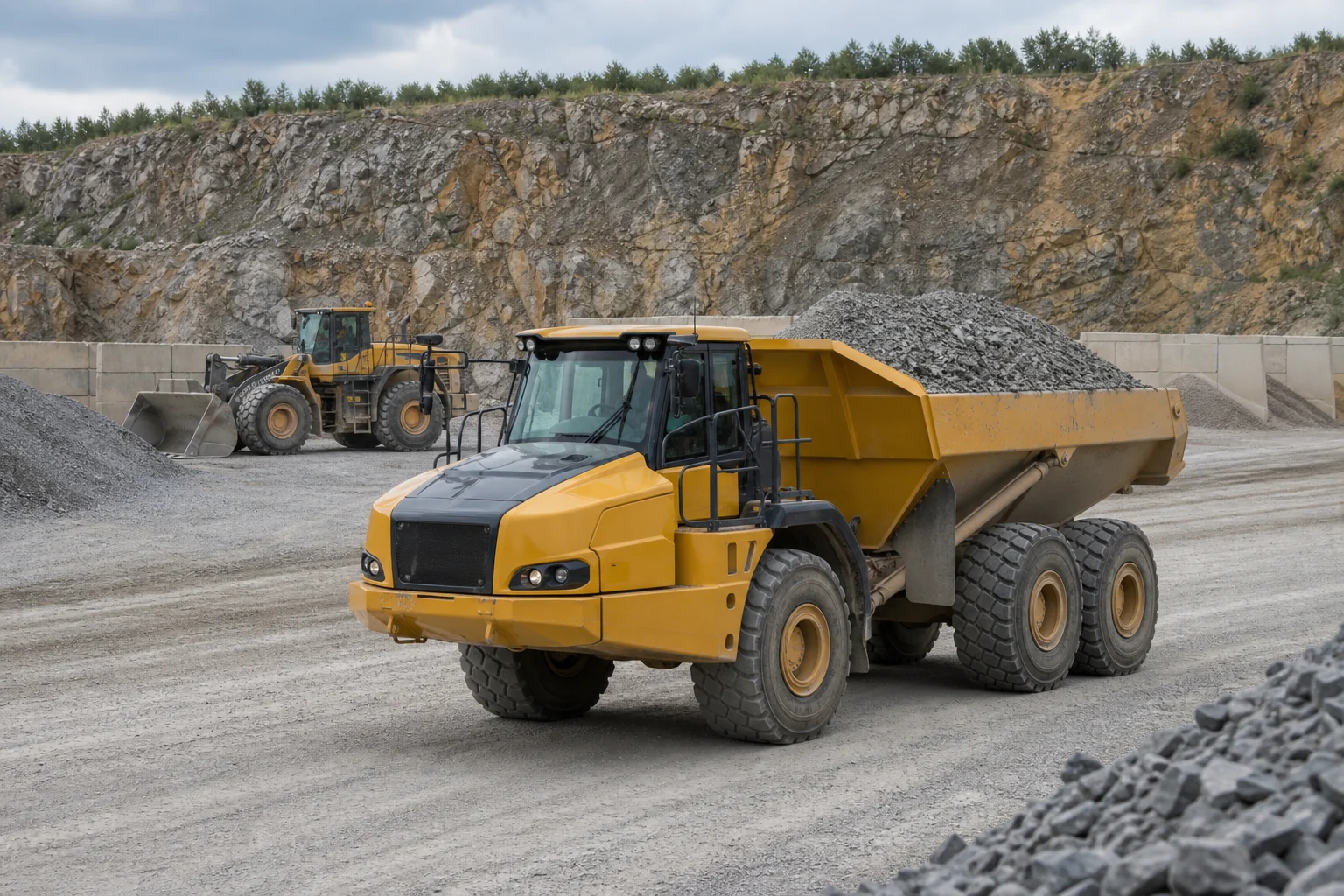 Unbranded heavy material vehicle in an aggregate quarry