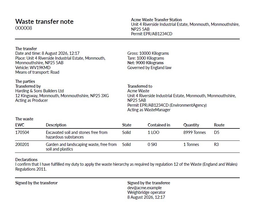 Digital waste transfer note produced from a Merlinium transaction